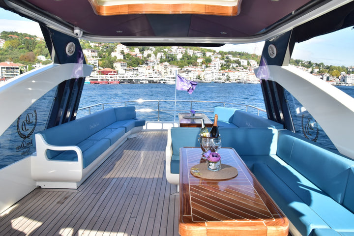 Opulent interior lounge of a luxury yacht, providing unmatched comfort in Istanbul's waters