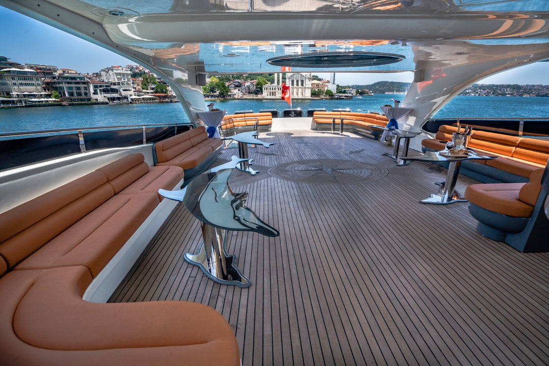 Elegant bridal suite setup on Istanbul yacht for wedding celebration.