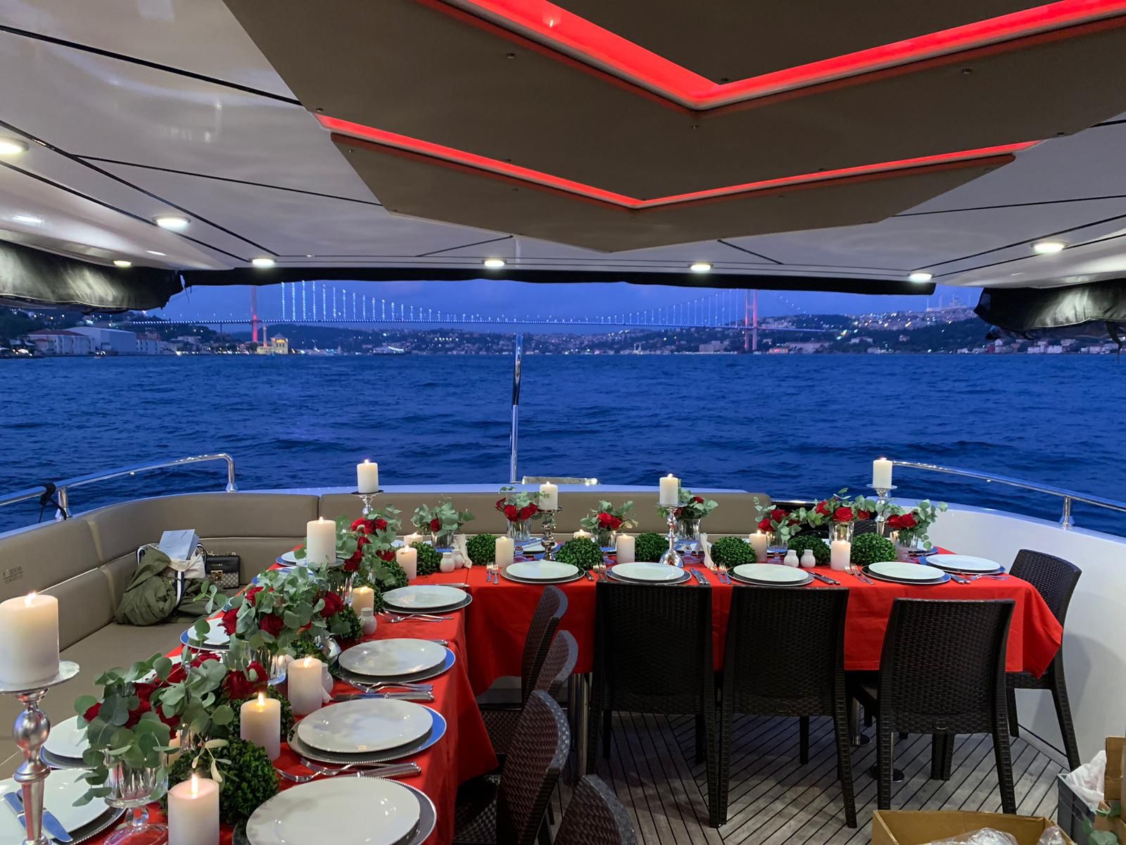 Intimate yacht dining experience for 8 to 15 guests, featuring Istanbul's breathtaking skyline.