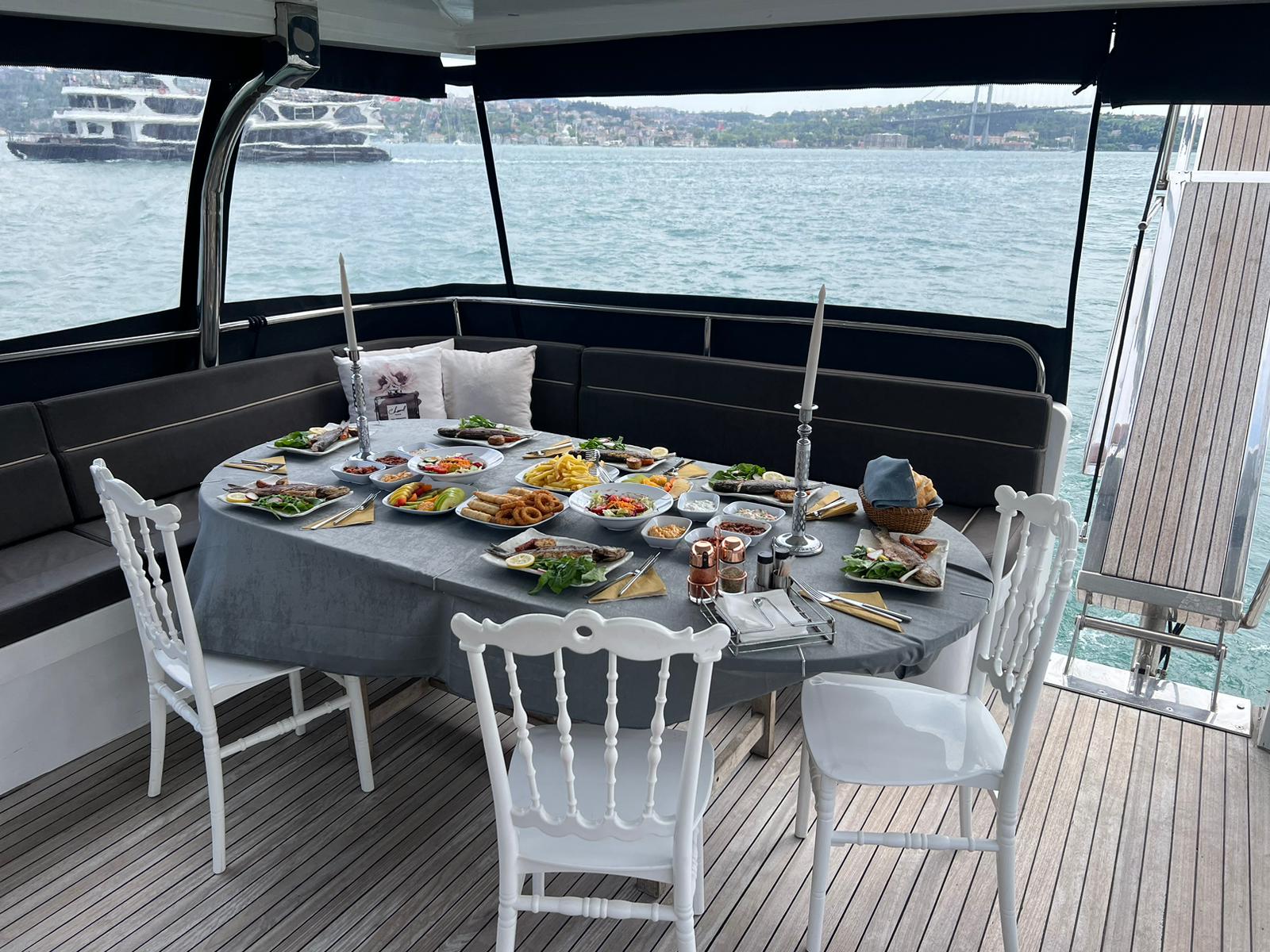Panoramic Istanbul view from luxurious Bosphorus yacht rental.