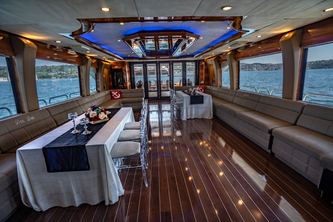 Comfortable air-conditioned interiors of the yacht, ensuring a pleasant journey in Istanbul