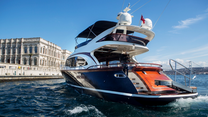 Luxurious LUX DEN7 yacht cruising on Istanbul's Bosphorus.