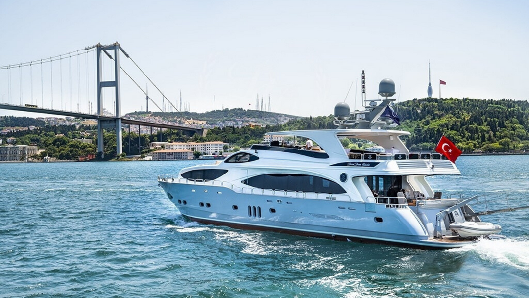 Elegant 32-meter yacht docked in Istanbul, perfect for large parties.