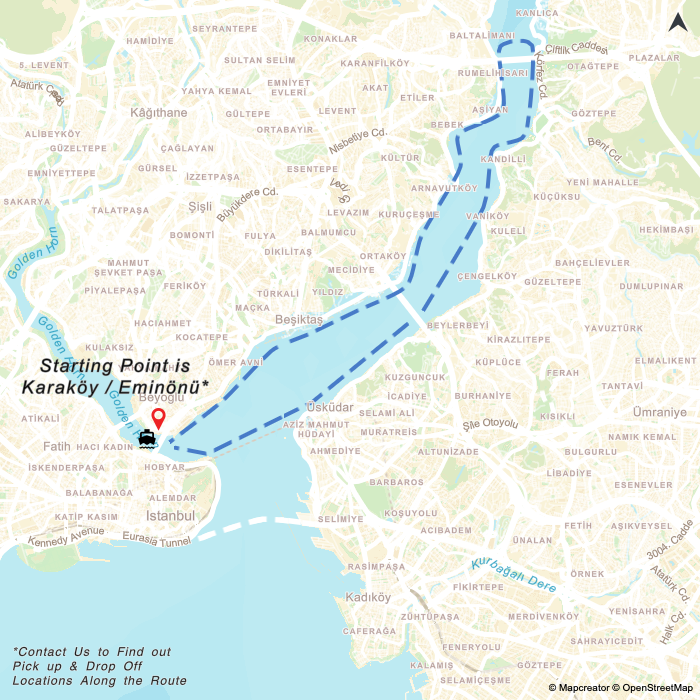 Bosphorus Tour Route passing by monuments such as Dolmabahce Palace, Rumeli Hisarı