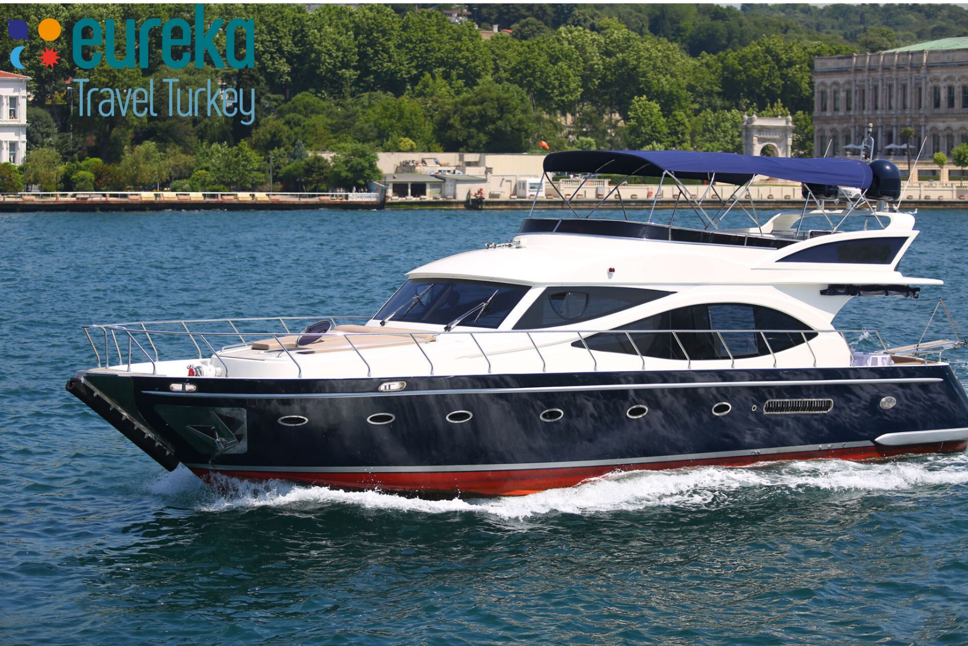 18 person private yacht rental in Istanbul Lux KDR6 motor yacht cruising on the Bosphorus