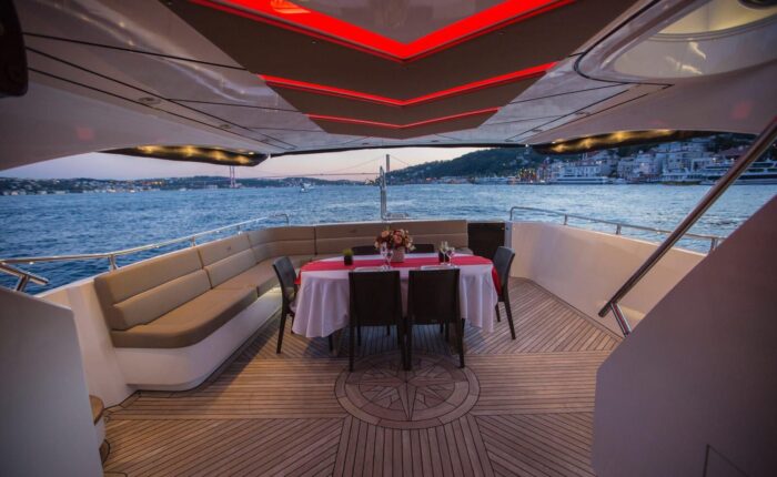 Private yacht dinner cruise with Bosphorus bridge and city lights in Istanbul