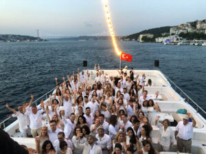 Private birthday party celebration on a luxury yacht in Istanbul with professional catering and DJ.